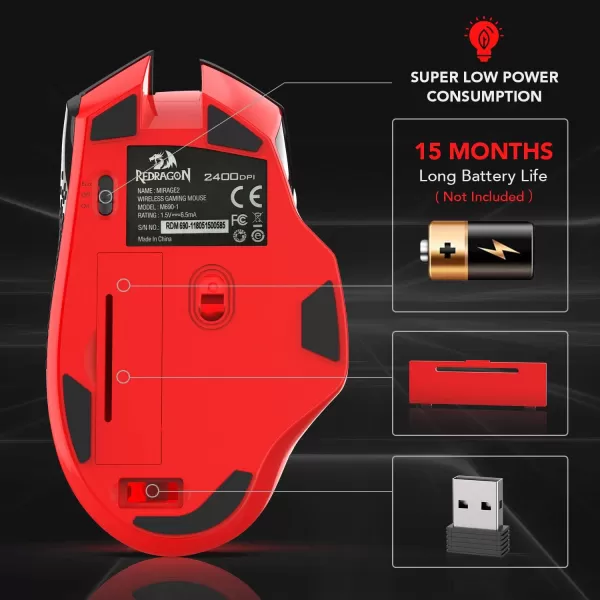 Redragon M6901 Wireless Gaming Mouse with DPI Shifting 2 Side Buttons 2400 DPI Ergonomic Design 8 ButtonsBlackM6901