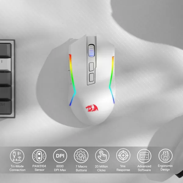 Redragon M693 Wireless Gaming Mouse 8000 DPI WiredWireless Gamer Mouse w 3Mode Connection BT ampamp 24G Wireless 7 Macro Buttons Reliable Power Capacity for PCMacLaptopWhite