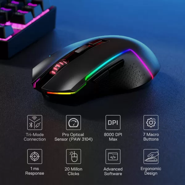 Redragon M693 Wireless Gaming Mouse 8000 DPI WiredWireless Gamer Mouse w 3Mode Connection BT ampamp 24G Wireless 7 Macro Buttons Reliable Power Capacity for PCMacLaptopBlack