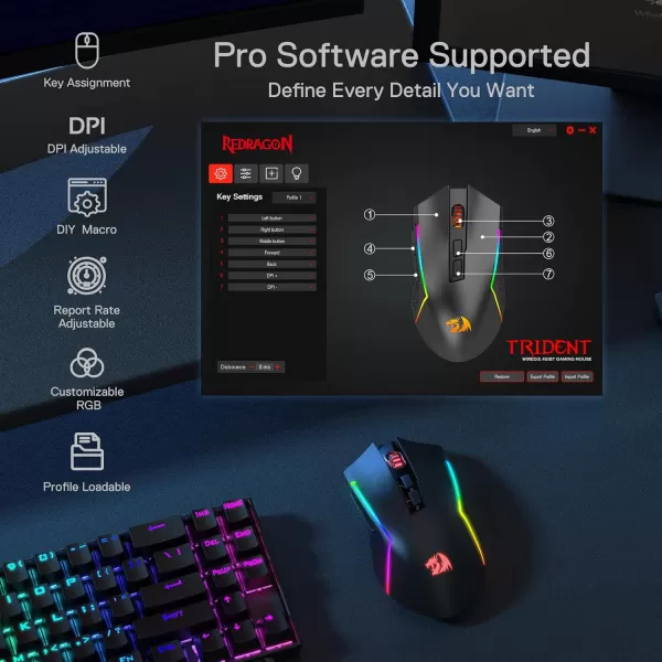 Redragon M693 Wireless Gaming Mouse 8000 DPI WiredWireless Gamer Mouse w 3Mode Connection BT ampamp 24G Wireless 7 Macro Buttons Reliable Power Capacity for PCMacLaptopBlack