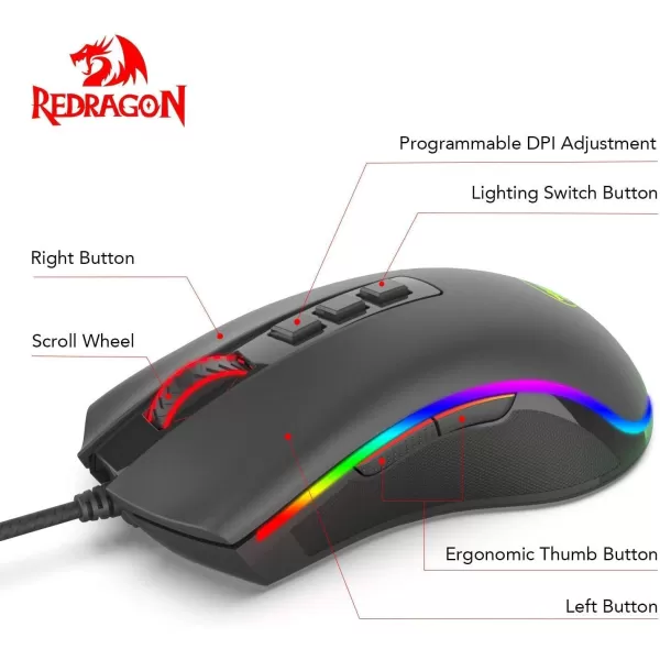Redragon M711 Cobra Gaming Mouse with 168 Million RGB Color Backlit 10000 DPI Adjustable Comfortable Grip 7 Programmable ButtonsBlack