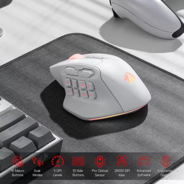 Redragon M806 Bullseye Gaming Mouse 7 Programmable Buttons Wired RGB Gamer Mouse wErgonomic Natural Grip Build Software Supports DIY Keybinds ampamp BacklitWhite