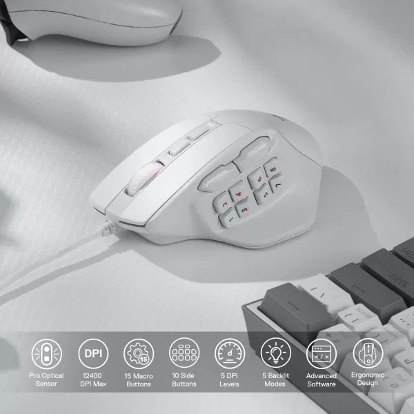 Redragon M806 Bullseye Gaming Mouse 7 Programmable Buttons Wired RGB Gamer Mouse wErgonomic Natural Grip Build Software Supports DIY Keybinds ampamp BacklitWhite