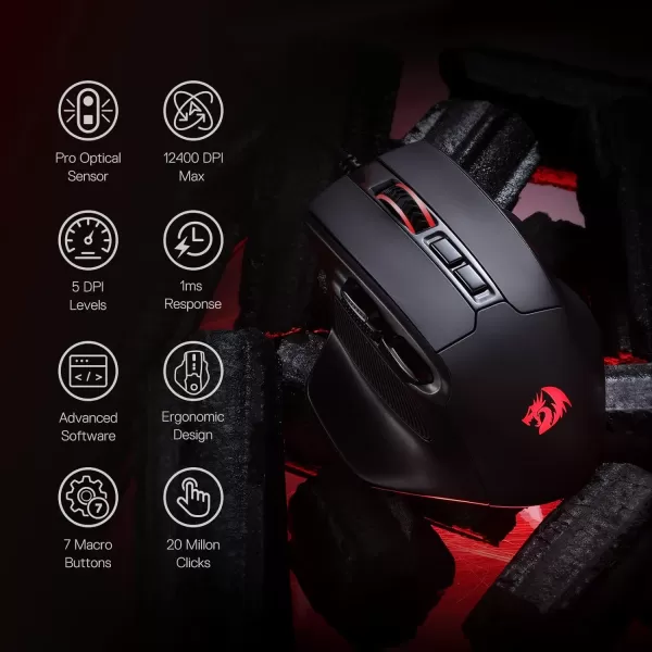 Redragon M806 Bullseye Gaming Mouse 7 Programmable Buttons Wired RGB Gamer Mouse wErgonomic Natural Grip Build Software Supports DIY Keybinds ampamp BacklitBlack