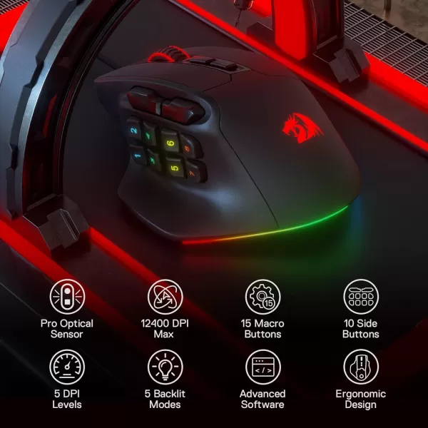 Redragon M806 Bullseye Gaming Mouse 7 Programmable Buttons Wired RGB Gamer Mouse wErgonomic Natural Grip Build Software Supports DIY Keybinds ampamp BacklitBlack