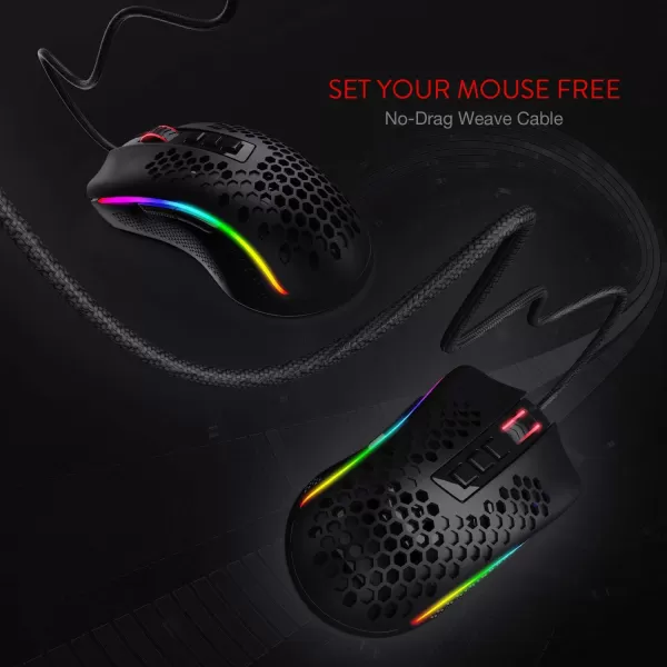 Redragon M808 Storm Lightweight RGB Gaming Mouse 85g Ultralight Shell  12400 DPI Optical Sensor  7 Programmable Buttons  Precise Registration  SuperLite Cable  WhiteM808BK