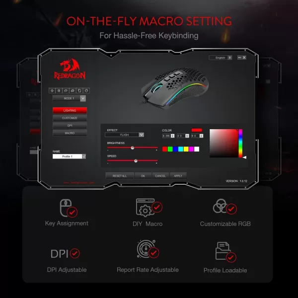 Redragon M808 Storm Lightweight RGB Gaming Mouse 85g Ultralight Shell  12400 DPI Optical Sensor  7 Programmable Buttons  Precise Registration  SuperLite Cable  WhiteM808WT