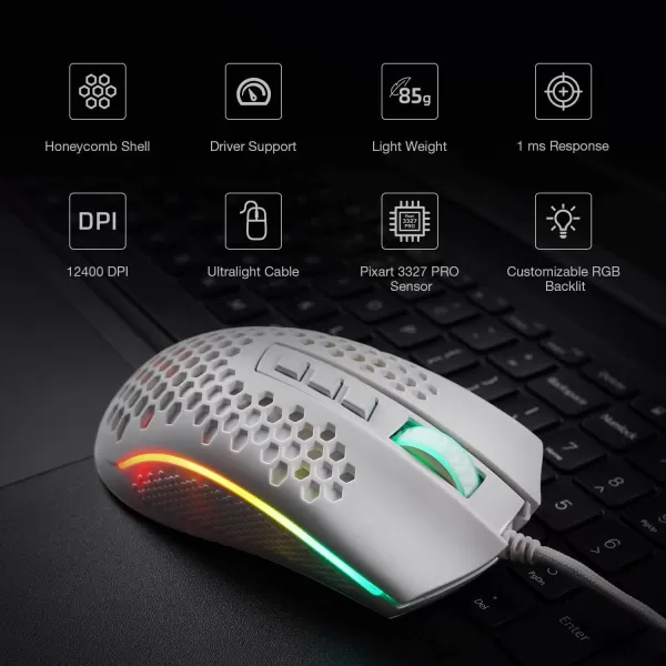 Redragon M808 Storm Lightweight RGB Gaming Mouse 85g Ultralight Shell  12400 DPI Optical Sensor  7 Programmable Buttons  Precise Registration  SuperLite Cable  WhiteM808WT
