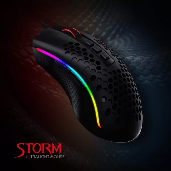 Redragon M808 Storm Lightweight RGB Gaming Mouse 85g Ultralight Shell  12400 DPI Optical Sensor  7 Programmable Buttons  Precise Registration  SuperLite Cable  WhiteM808BK