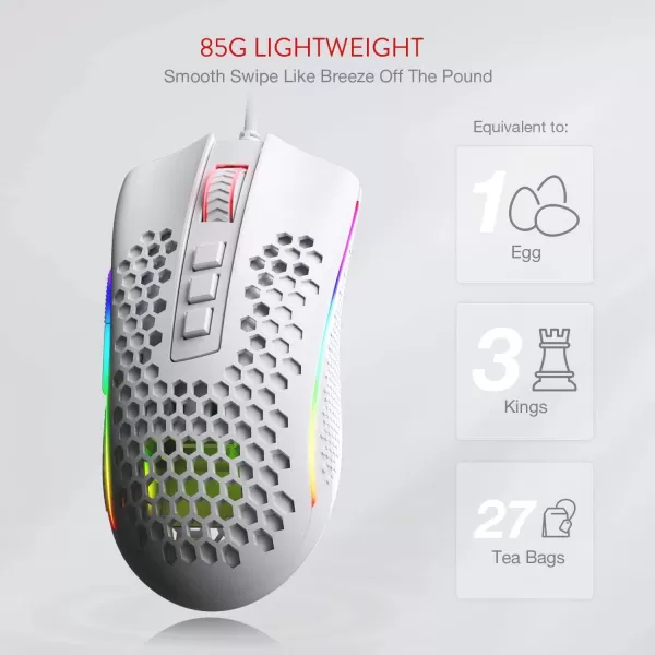 Redragon M808 Storm Lightweight RGB Gaming Mouse 85g Ultralight Shell  12400 DPI Optical Sensor  7 Programmable Buttons  Precise Registration  SuperLite Cable  WhiteM808WT