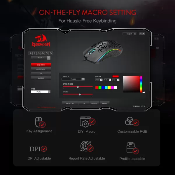 Redragon M808 Storm Lightweight RGB Gaming Mouse 85g Ultralight Shell  12400 DPI Optical Sensor  7 Programmable Buttons  Precise Registration  SuperLite Cable  WhiteM808BK