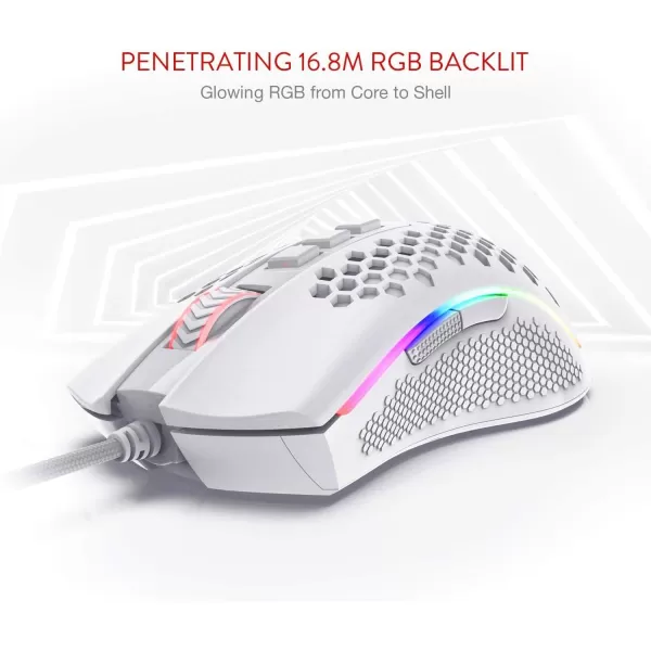 Redragon M808 Storm Lightweight RGB Gaming Mouse 85g Ultralight Shell  12400 DPI Optical Sensor  7 Programmable Buttons  Precise Registration  SuperLite Cable  WhiteM808WT