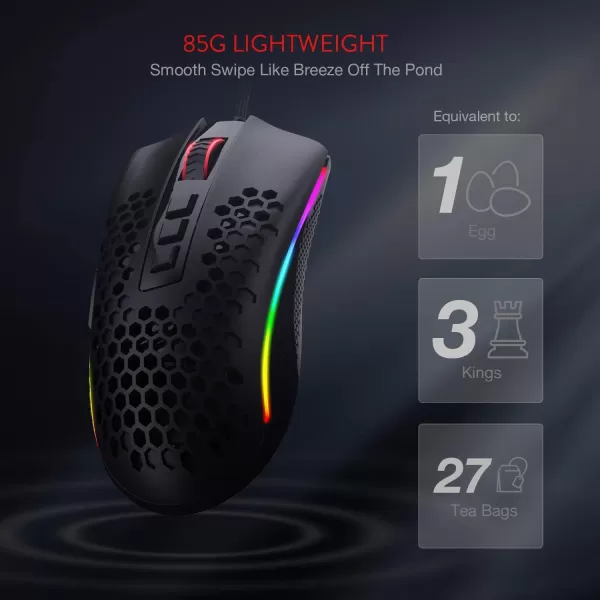 Redragon M808 Storm Lightweight RGB Gaming Mouse 85g Ultralight Shell  12400 DPI Optical Sensor  7 Programmable Buttons  Precise Registration  SuperLite Cable  WhiteM808BK