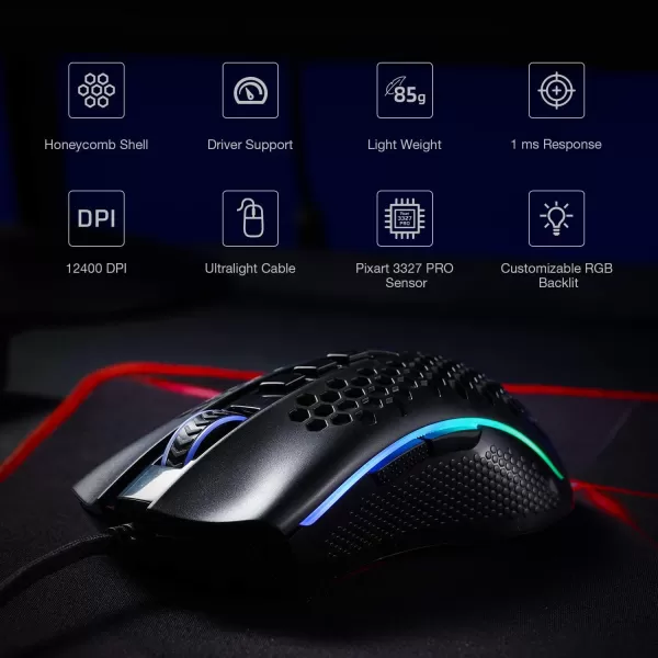Redragon M808 Storm Lightweight RGB Gaming Mouse 85g Ultralight Shell  12400 DPI Optical Sensor  7 Programmable Buttons  Precise Registration  SuperLite Cable  WhiteM808BK