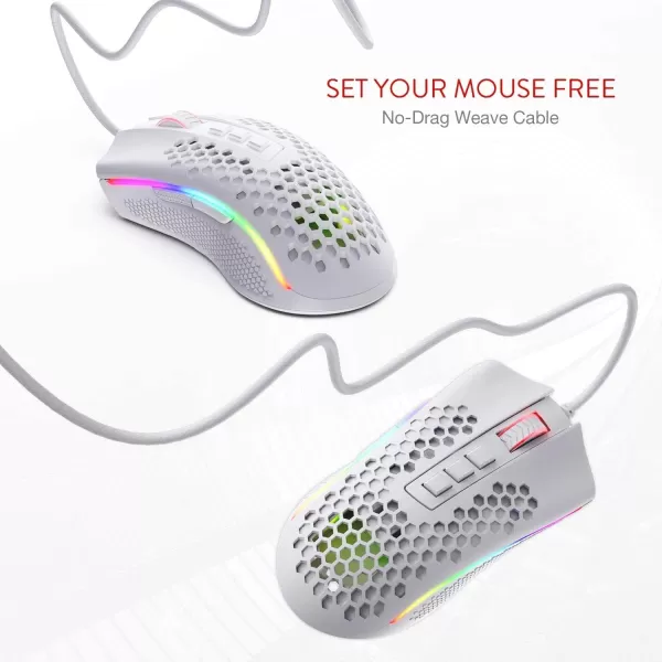 Redragon M808 Storm Lightweight RGB Gaming Mouse 85g Ultralight Shell  12400 DPI Optical Sensor  7 Programmable Buttons  Precise Registration  SuperLite Cable  WhiteM808WT