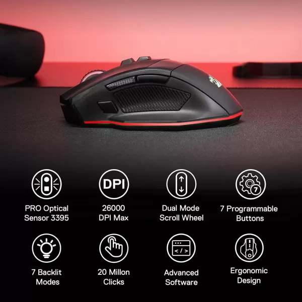 Redragon M813 Wired RGB Gaming Mouse with 4D Dual Mode Scroll Wheel Optical Ergonomic Gamer Mouse with Max 16000DPI High Precision Sensor 3333 7 Macro Buttons Software SupportedWireless
