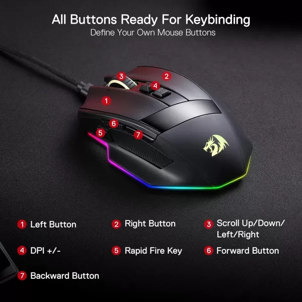 Redragon M813 Wired RGB Gaming Mouse with 4D Dual Mode Scroll Wheel Optical Ergonomic Gamer Mouse with Max 16000DPI High Precision Sensor 3333 7 Macro Buttons Software SupportedWired