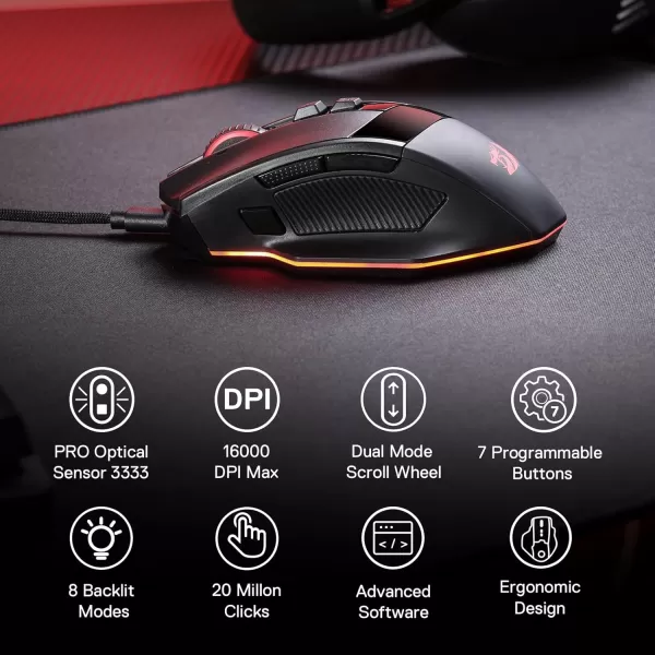 Redragon M813 Wired RGB Gaming Mouse with 4D Dual Mode Scroll Wheel Optical Ergonomic Gamer Mouse with Max 16000DPI High Precision Sensor 3333 7 Macro Buttons Software SupportedWired