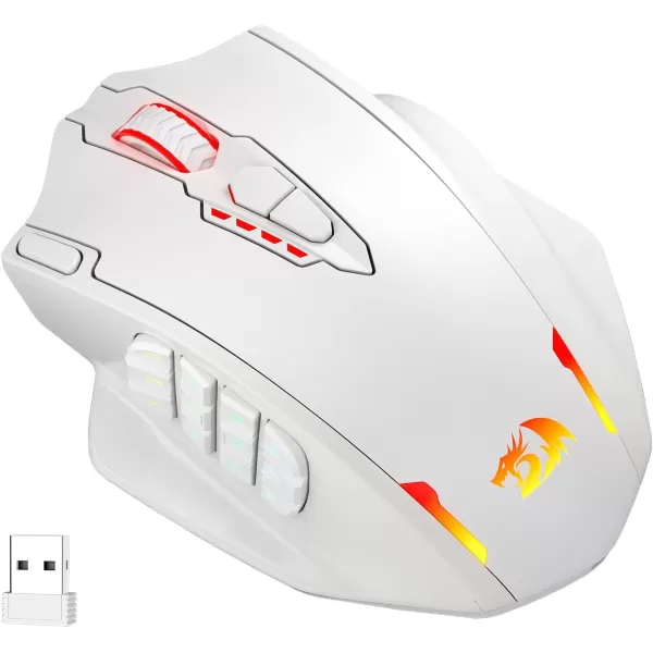 Redragon M908 Impact RGB LED MMO Gaming Mouse with 12 Side Buttons Optical Wired Ergonomic Gamer Mouse with Max 12400DPI High Precision 18 Programmable Macro Shortcuts Comfort GripWhite