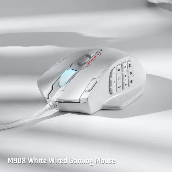 Redragon M908 Impact RGB LED MMO Gaming Mouse with 12 Side Buttons Optical Wired Ergonomic Gamer Mouse with Max 12400DPI High Precision 18 Programmable Macro Shortcuts Comfort GripWhite