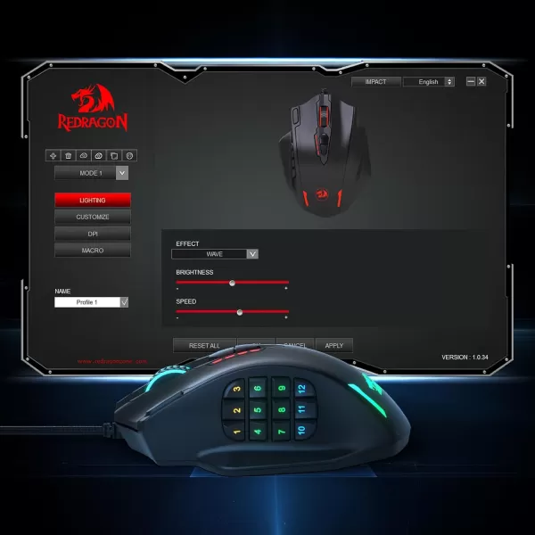 Redragon M908 Impact RGB LED MMO Gaming Mouse with 12 Side Buttons Optical Wired Ergonomic Gamer Mouse with Max 12400DPI High Precision 18 Programmable Macro Shortcuts Comfort GripBlack