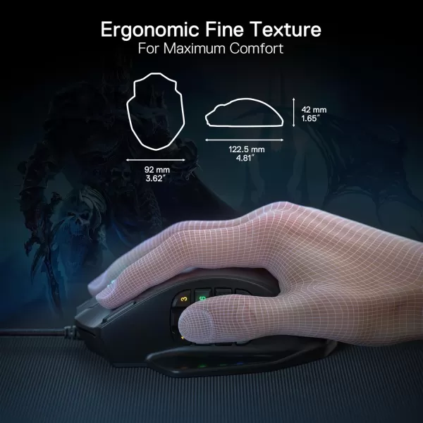 Redragon M908 Impact RGB LED MMO Gaming Mouse with 12 Side Buttons Optical Wired Ergonomic Gamer Mouse with Max 12400DPI High Precision 18 Programmable Macro Shortcuts Comfort GripBlack