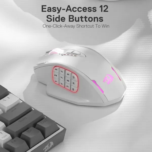 Redragon M908 Impact RGB LED MMO Gaming Mouse with 12 Side Buttons Optical Wired Ergonomic Gamer Mouse with Max 12400DPI High Precision 18 Programmable Macro Shortcuts Comfort GripWhite