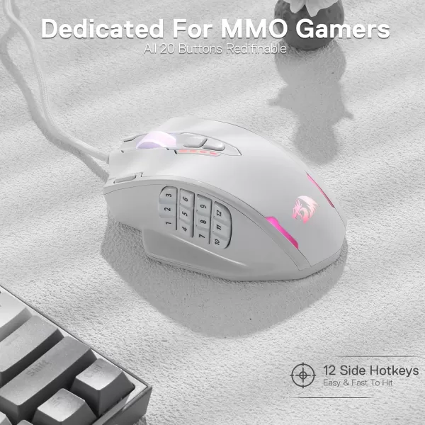Redragon M908 Impact RGB LED MMO Gaming Mouse with 12 Side Buttons Optical Wired Ergonomic Gamer Mouse with Max 12400DPI High Precision 18 Programmable Macro Shortcuts Comfort GripWhite