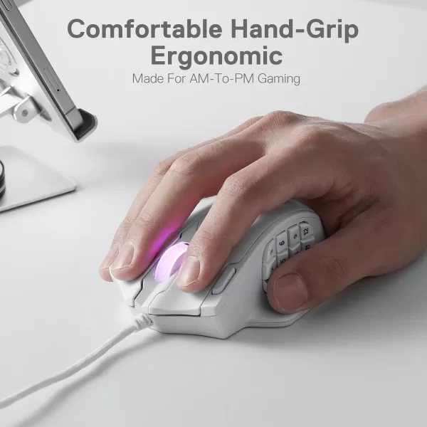 Redragon M908 Impact RGB LED MMO Gaming Mouse with 12 Side Buttons Optical Wired Ergonomic Gamer Mouse with Max 12400DPI High Precision 18 Programmable Macro Shortcuts Comfort GripWhite