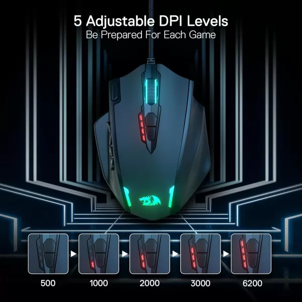 Redragon M908 Impact RGB LED MMO Gaming Mouse with 12 Side Buttons Optical Wired Ergonomic Gamer Mouse with Max 12400DPI High Precision 18 Programmable Macro Shortcuts Comfort GripBlack
