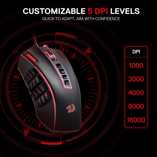 Redragon M908 Impact RGB LED MMO Gaming Mouse with 12 Side Buttons Optical Wired Ergonomic Gamer Mouse with Max 12400DPI High Precision 18 Programmable Macro Shortcuts Comfort GripBlack