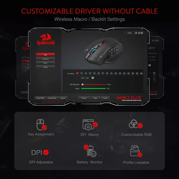 Redragon M908 Impact RGB LED MMO Gaming Mouse with 12 Side Buttons Optical Wired Ergonomic Gamer Mouse with Max 12400DPI High Precision 18 Programmable Macro Shortcuts Comfort GripBlack