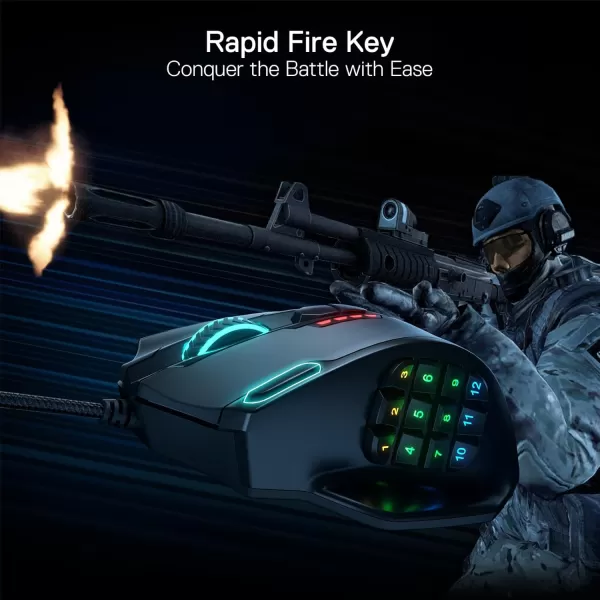 Redragon M908 Impact RGB LED MMO Gaming Mouse with 12 Side Buttons Optical Wired Ergonomic Gamer Mouse with Max 12400DPI High Precision 18 Programmable Macro Shortcuts Comfort GripBlack