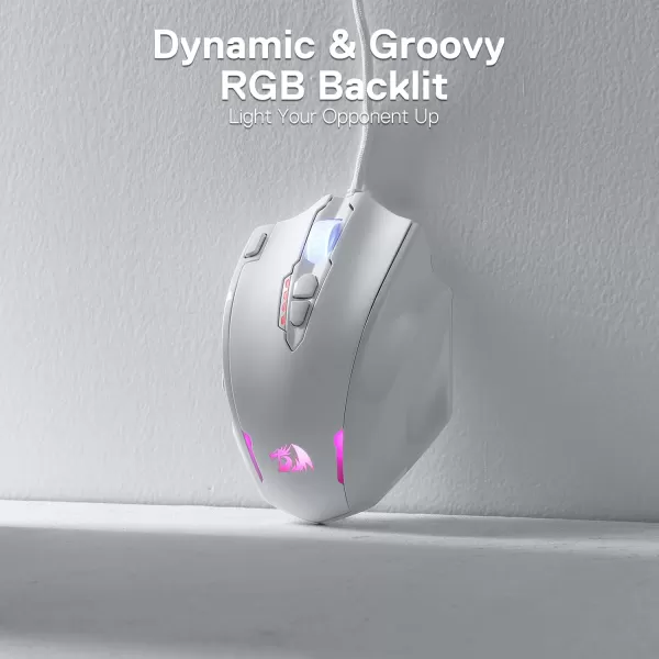 Redragon M908 Impact RGB LED MMO Gaming Mouse with 12 Side Buttons Optical Wired Ergonomic Gamer Mouse with Max 12400DPI High Precision 18 Programmable Macro Shortcuts Comfort GripWhite