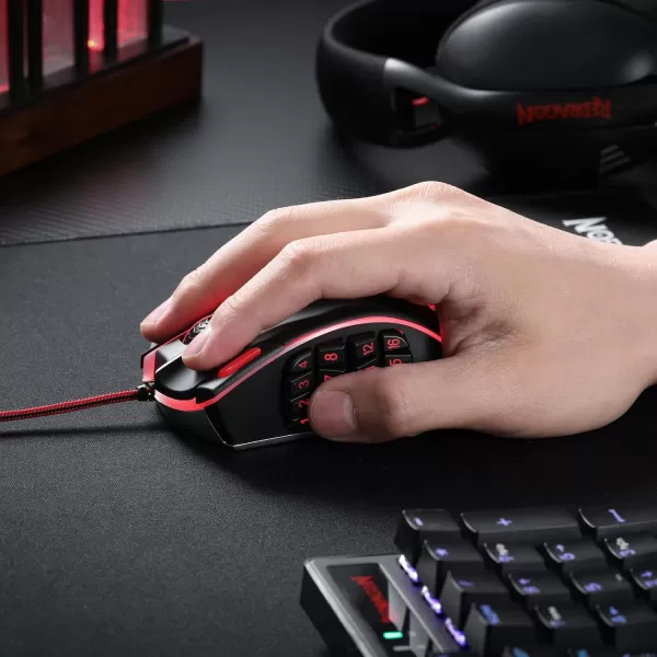 Redragon M908 Impact RGB LED MMO Gaming Mouse with 12 Side Buttons Optical Wired Ergonomic Gamer Mouse with Max 12400DPI High Precision 18 Programmable Macro Shortcuts Comfort GripBlack
