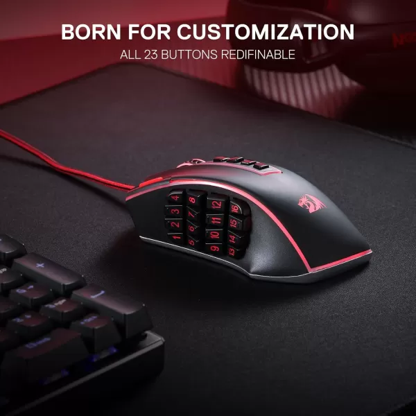 Redragon M908 Impact RGB LED MMO Gaming Mouse with 12 Side Buttons Optical Wired Ergonomic Gamer Mouse with Max 12400DPI High Precision 18 Programmable Macro Shortcuts Comfort GripBlack