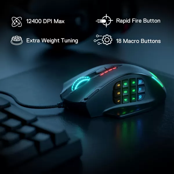 Redragon M908 Impact RGB LED MMO Gaming Mouse with 12 Side Buttons Optical Wired Ergonomic Gamer Mouse with Max 12400DPI High Precision 18 Programmable Macro Shortcuts Comfort GripBlack