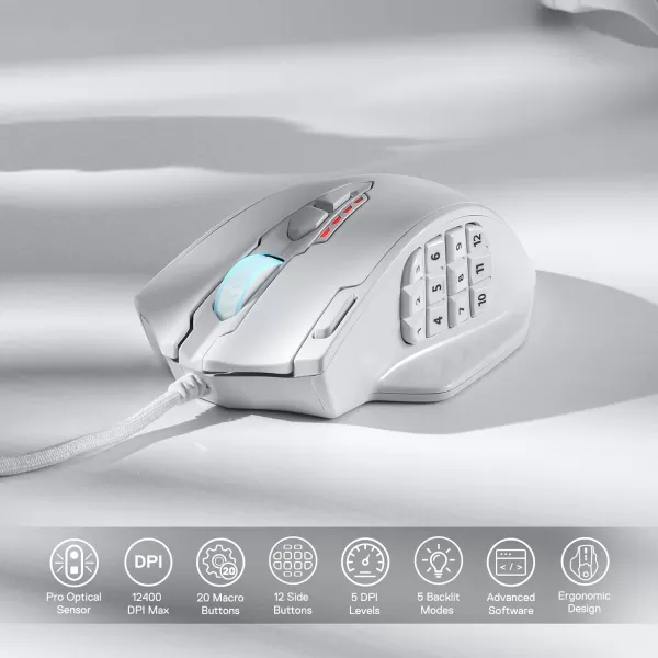 Redragon M908 Impact RGB LED MMO Gaming Mouse with 12 Side Buttons Optical Wired Ergonomic Gamer Mouse with Max 12400DPI High Precision 18 Programmable Macro Shortcuts Comfort GripWhite