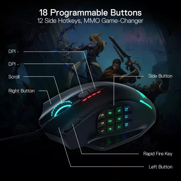 Redragon M908 Impact RGB LED MMO Gaming Mouse with 12 Side Buttons Optical Wired Ergonomic Gamer Mouse with Max 12400DPI High Precision 18 Programmable Macro Shortcuts Comfort GripBlack