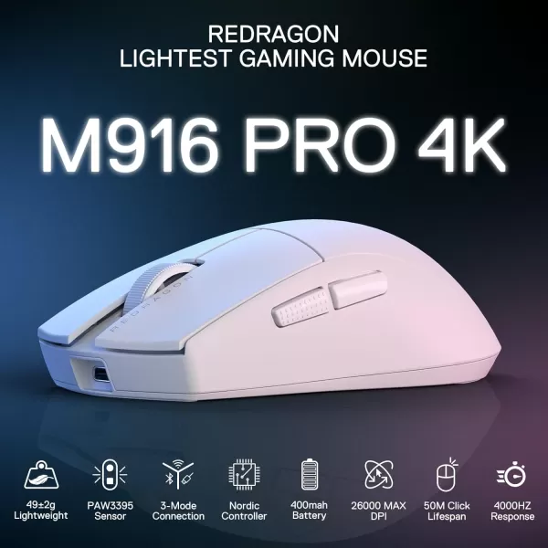 Redragon M916 PRO 3Mode Wireless Gaming Mouse 49G UltraLight 26K DPI Gamer Mouse wErgonomic Natural Grip Build Full Programmable Buttons Software Supports DIY Keybinds ampamp DPIWhite