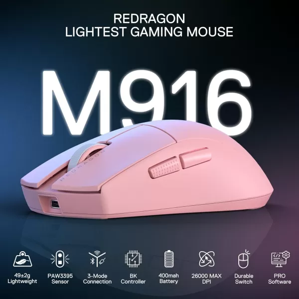 Redragon M916 PRO 3Mode Wireless Gaming Mouse 49G UltraLight 26K DPI Gamer Mouse wErgonomic Natural Grip Build Full Programmable Buttons Software Supports DIY Keybinds ampamp DPIPink