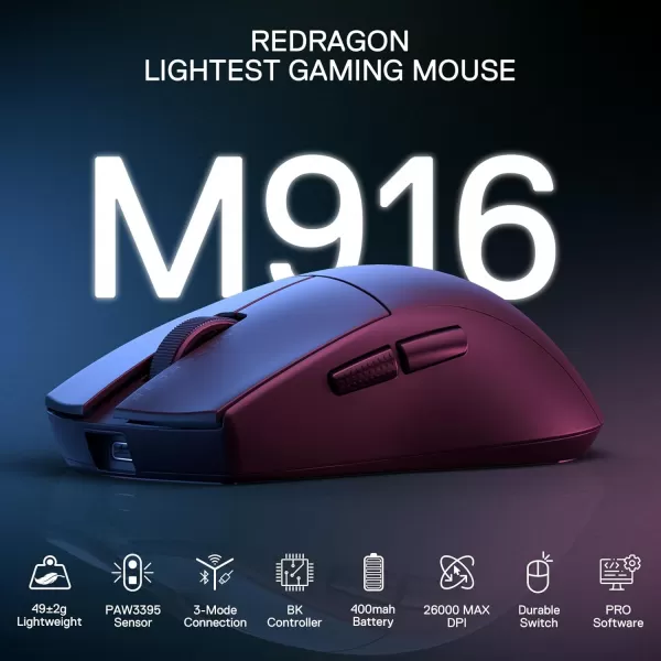 Redragon M916 PRO 3Mode Wireless Gaming Mouse 49G UltraLight 26K DPI Gamer Mouse wErgonomic Natural Grip Build Full Programmable Buttons Software Supports DIY Keybinds ampamp DPIBlack