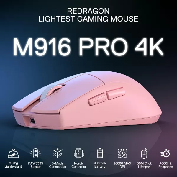 Redragon M916 PRO 3Mode Wireless Gaming Mouse 49G UltraLight 26K DPI Gamer Mouse wErgonomic Natural Grip Build Full Programmable Buttons Software Supports DIY Keybinds ampamp DPIPink