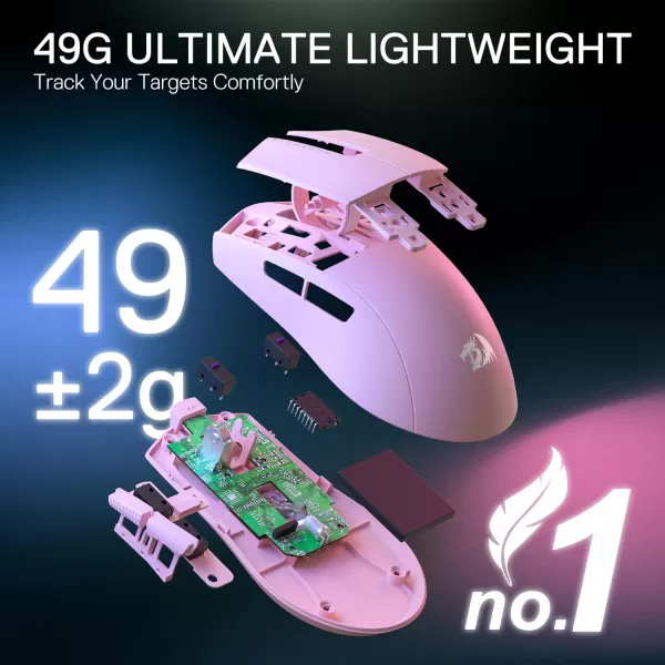 Redragon M916 PRO 3Mode Wireless Gaming Mouse 49G UltraLight 26K DPI Gamer Mouse wErgonomic Natural Grip Build Full Programmable Buttons Software Supports DIY Keybinds ampamp DPIPink
