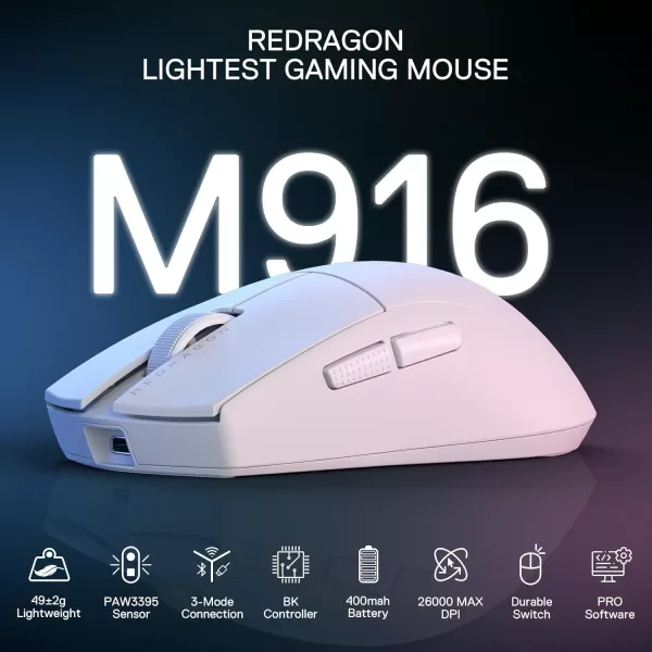 Redragon M916 PRO 3Mode Wireless Gaming Mouse 49G UltraLight 26K DPI Gamer Mouse wErgonomic Natural Grip Build Full Programmable Buttons Software Supports DIY Keybinds ampamp DPIWhite