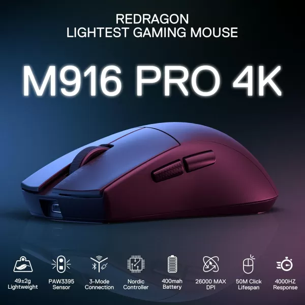 Redragon M916 PRO 3Mode Wireless Gaming Mouse 49G UltraLight 26K DPI Gamer Mouse wErgonomic Natural Grip Build Full Programmable Buttons Software Supports DIY Keybinds ampamp DPIBlack