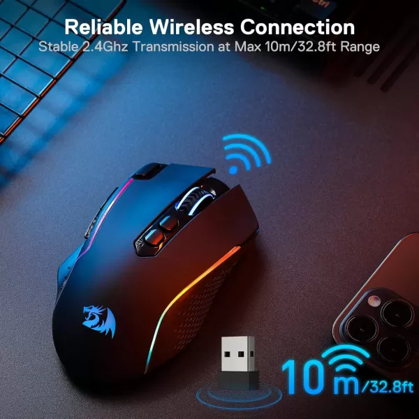 Redragon M991 Wireless Gaming Mouse 19000 DPI WiredWireless Gamer Mouse wRapid Fire Key 9 Macro Buttons 45Hour Power Capacity and RGB Backlight for PCMacLaptopBlack