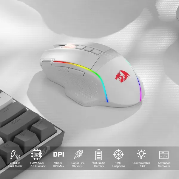 Redragon M991 Wireless Gaming Mouse 19000 DPI WiredWireless Gamer Mouse wRapid Fire Key 9 Macro Buttons 45Hour Power Capacity and RGB Backlight for PCMacLaptopWhite