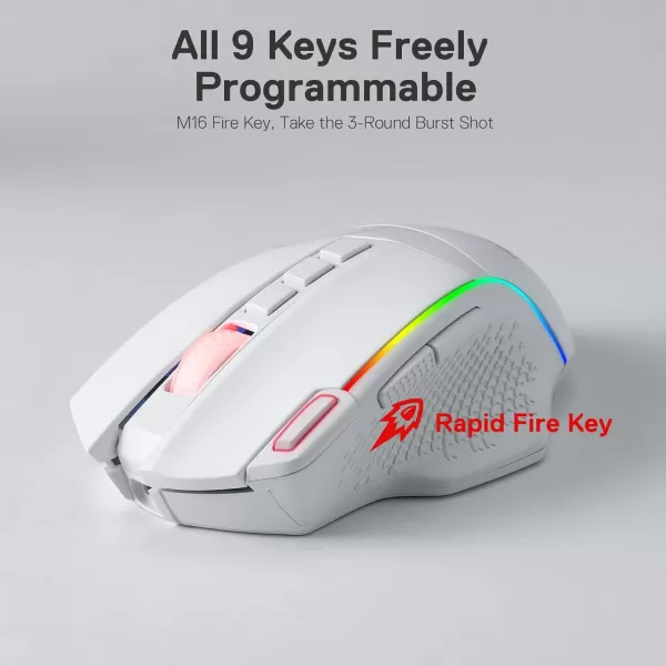 Redragon M991 Wireless Gaming Mouse 19000 DPI WiredWireless Gamer Mouse wRapid Fire Key 9 Macro Buttons 45Hour Power Capacity and RGB Backlight for PCMacLaptopWhite