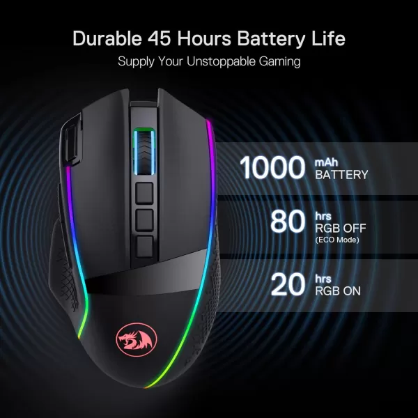 Redragon M991 Wireless Gaming Mouse 19000 DPI WiredWireless Gamer Mouse wRapid Fire Key 9 Macro Buttons 45Hour Power Capacity and RGB Backlight for PCMacLaptopBlack